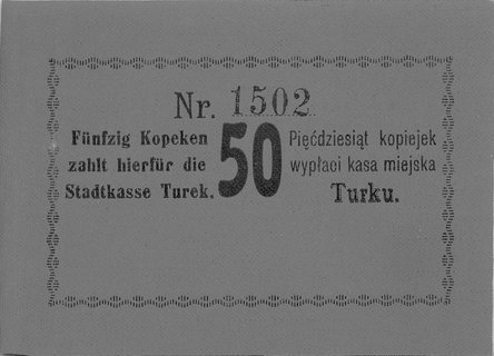 Turek- 50 kopiejek b.r. (1914), Jabł.1754, napisy w języku niemieckim i polskim, druk na ceracie, bardzo rzadkie