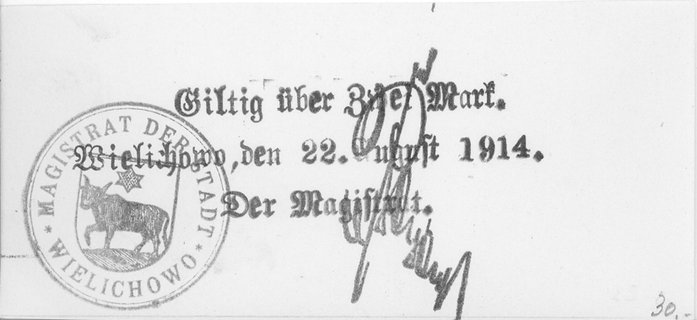 Wielichowo- 2 i 3 marki 22.08.1914, emitowane przez Magistrat, Keller 428, Schoenawa 3, 4, rzadkie, razem 2 sztuki