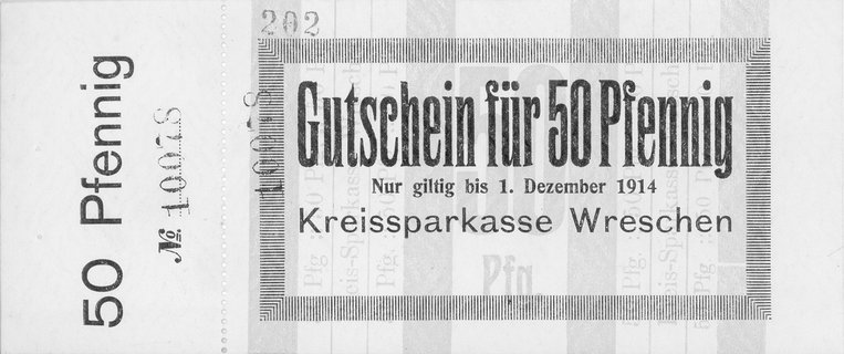 Września (Wreschen)- 50 fenigów, 1 i 2 marki ważne do 1.12.1914 emitowane przez Kreissparkasse, Keller 443, Schoenawa 1, 2, 3, bardzo rzadkie, razem 3 sztuki