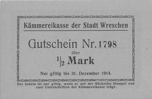 Września (Wreschen)- 1/2 i 1 marka ważne do 31.12.1914 emitowane przez Kämmereikasse, Schoenawa 1, 2, razem 2 sztuki