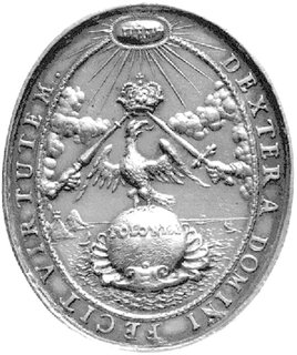 medal autorstwa Jan Höhna jun. wybity z okazji koronacji Michała Korybuta Wiśniowieckiego, Aw: Popiersie w wieńcu na głowie i peruce w prawo i napis: MICHAEL D. G. REX PO. M.D.L. RUS. PRUS...na dole sygn. I. H., Rw: Orzeł na globie z napisem POLONIA pływającym po morzu, nad nim korona podtrzymywana przez miecz i berło i napis w otoku: DEXTERA DOMINI FECIT VIRTUTEM, H-Cz.2388 R5, Racz.161, srebro owalny 37 x 45 mm, 26.75 g.