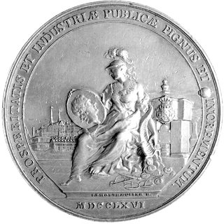 medal autorstwa J.F. Holzhaeussera dedykowany królowi przez członków Komisji Menniczej i upamiętniający reformę monetarną, wybity w 1766 r., Aw: Minerwa trzymająca medalion z głową króla i róg obfitości na tle Zamku Królewskiego i prasy menniczej, Rw: Napis poziomy w dwunastu wierszach, H-Cz.3052 R1, Racz.507, Więcek 13, srebro 67 mm, 169.69 g.