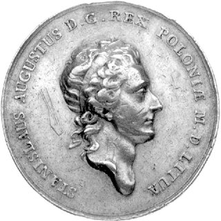 medal nagrodowy autorstwa J.F. Holzhaeussera przyznawany przez króla osobom, które wspierały go w okresie walk z Kon- federacją Barską 1770 r., Aw: Głowa króla w opasce na głowie i napis w otoku: STANISLAUS AUGUSTUS.. Rw: Okręt na wzburzonym morzu i napis w otoku: NE CEDE MALIS (przeciwnościom nie daj się pokonać), H-Cz.3390 R2, Racz.519, Więcek 20, srebro 40 mm, 29.51 g.