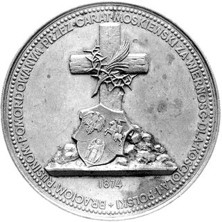 medal wybity dla upamiętnienia Rusinów pomordowanych przez carat w 1874 r., Aw: Tarcza herbowa polsko-litewsko-wołyń- ska na tle krzyża z koroną cierniową i napis w otoku: BRACIOM RUSINOM POMORDOWANYM PRZEZ CARAT MOS- KIEWSKI ZA WIERNOŚĆ DLA KOŚCIOŁA I POLSKI, Rw: Otwarta księga z nazwiskami ofiar i napis w otoku: WOJE- WÓDZTWA PODLASKIE I LUBELSKIE, POLUBICZE. DRELÓW. PRATULIN, H-Cz.6101, brąz 65 mm, 119.61 g.