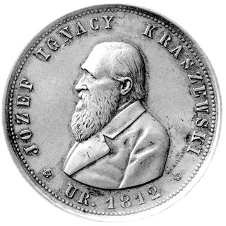 medal autorstwa W.A. Malinowskiego poświęcony Józefowi Kraszewskiemu, 1879 r., Aw: Popiersie pisarza w lewo i napis w otoku: JÓZEF IGNACY KRASZEWSKI UR.1812, sygn. W.A. MALINOWSKI, Rw: W wieńcu poziomy napis: ZA PÓŁ WIEKU TRUDÓW I ZASŁUG WDZIĘCZNI RODACY 1879, H-Cz.8092, brąz 63 mm, 76.26 g., stare pudełko, ładna paty- na