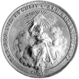 medal autorstwa Juliusza Kossaka wybity na pamiątkę wydarzeń w Krożach 1893 r., Aw: Kobieta z kotwicą siedząca w chmurach, wyżej Oko Opatrzności