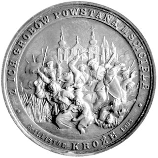 medal autorstwa Juliusza Kossaka wybity na pamiątkę wydarzeń w Krożach 1893 r., Aw: Kobieta z kotwicą siedząca w chmurach, wyżej Oko Opatrzności