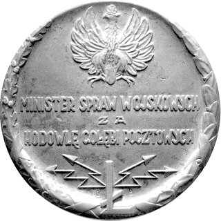 medal nagrodowy za hodowlę gołębi pocztowych 1925 r., Aw: Pod orłem napis poziomy: MINISTER SPRAW WOJSKO- WYCH ZA HODOWLĘ GOŁĘBI POCZTOWYCH, na dole litera Ł na tle błyskawic, sygn. D.B. (Dionizy Bojarunas), Rw: Gołąb w locie i napis u dołu: ŁĄCZNOŚĆ- SIŁA, Strzałk.531 -RR-, brąz 70 mm, 133.6 g.