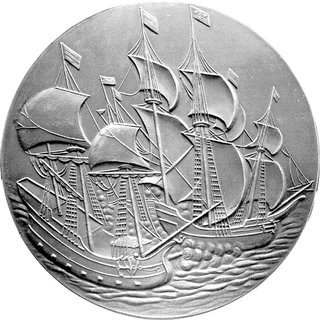 medal na pamiątkę Bitwy pod Oliwą 1927 r., Aw: Napis poziomy: KU PAMIĘCI ZWYCIĘZKIEJ BITWY..., w otoku: LIGA MORSKA I RZECZNA i data 28-XI-1627, 28.XI-1927, Rw: Dwa okręty żaglowe na morzu, medal projektu Stefana Ślęzaka (niesygnowany), Strzałk.576, brąz 94 mm, 313.04 g.