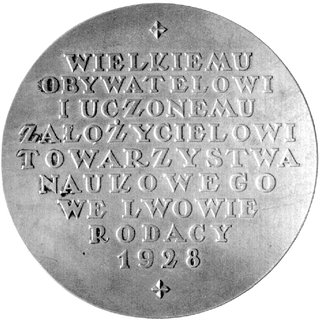 medal autorstwa Wojtowicza poświęcony Oswaldowi Balzerowi 1928 r., Aw: Popiersie w lewo i napis w otoku: OSWALD BALZER, sygn. P. Wojtowicz 1927, Rw: Napis poziomy w dziewięciu wierszach: WIELKIEMU OBYWATELOWI... Strzałk. 617 -R-, brąz 60 mm, 99.14 g.