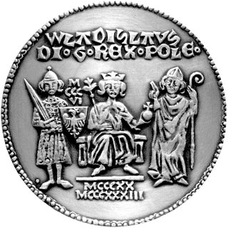 Władysław Łokietek- medal z serii królewskiej autorstwa Witolda Korskiego 1975 r., Aw: Król na tronie, po bokach rycerz i biskup, u góry napis: WLADISLAUS DI. G. REX. POLE