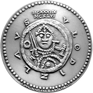 Władysław Wygnaniec- medal z serii królewskiej autorstwa Witolda Korskiego 1982 r., Aw: Awers denara \Książe z mieczem, wokół stylizowany napis VLODIZLAVS