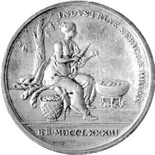 medal wybity w 1783 r. z okazji odnowienia przemysłu jedwabniczego w Prusach, Aw: Popiersie Fryderyka II w lewo i napis: FRIDERICUS INSTAVRATOR (odnowiciel), Rw: Kobieta zwijająca nici z kokonów jedwabnych i napis w otoku: INDUSTRIAE SERICAE PRUSS, w odcinku: BR MDCCLXXXIII, srebro 38 mm, 20.95 g.