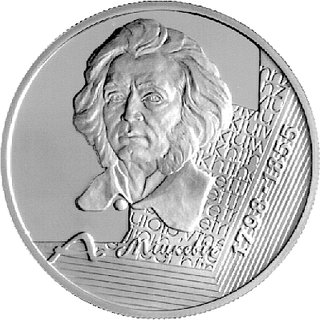 zestaw srebrnych monet 10- rublowych z 1998 r., monety wybito z okazji 200 rocznicy urodzin Adama Mickiewicza, jedna z datami 1798-1855, druga 1798-1854, razem 2 sztuki.
