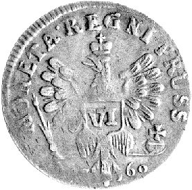 szóstak 1760, Królewiec, rzadka moneta pruska wybita pod okupacją rosyjską, Schr. 1898.