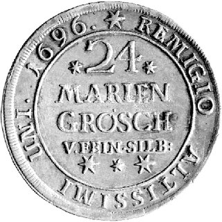 24 mariengroschen 1696, Aw: Dziki człowiek, w otoku napis, Rw: Napisy, Dav. 336, Welter 2079.