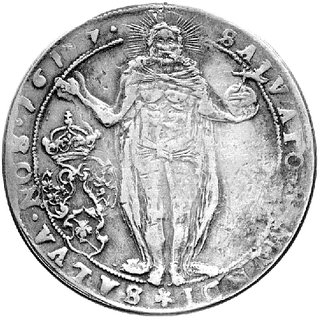 talar 1617, Aw: Popiersie, w otoku napis, Rw: Postać Chrystusa, w otoku napis, Ahlström 25, Dav. 4516.