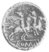 denar anonimowy po 211 r. p.n.e., Aw: Głowa Romy w prawo i litera X, Rw: Dioskurowie poniżej napis..