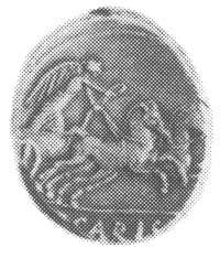denar, Aw: Popiersie Victorii w prawo, Rw: Victoria w bidze i napis CARIS, B.M.C. 4073, Craw. 464/4.