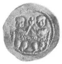 denar, Aw: Dwaj książęta za stołem, Rw: Rycerz stojący z tarczą i chorągwią, Str. 59h, Kop. II.b. ..
