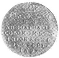 dukat koronacyjny 1697, Drezno, Aw: Ręka z szablą, Rw: Napis, Merseb. 1400, H-Cz. 2600 R, Fr. 2526