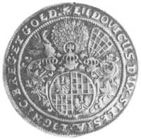 ćwierćtalar pośmiertny 1663, Brzeg, Aw: Tarcza herbowa w ozdobnym kartuszu i napis, Rw: Napisy, Fb..