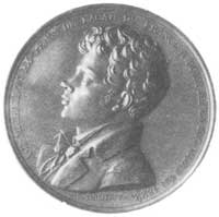 medal miedziany 1823, Aw: Popiersie i napis, sygn. N. P. Tiolier F., Rw: Postać kobieca i napis, s..