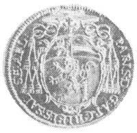 dukat 1650, Salzburg, Aw: Siedząca postać św. Rudberta i napis, Rw: Tarcza herbowa i napis, Fr. 647