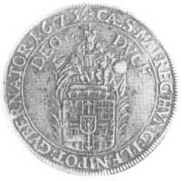 talar 1673, Aw: Popiersie Jana Kacpra i napis, Rw: Madonna nad tarczą herbową i napis, Dav. 5861
