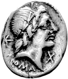 L. Postumius Albinus 131 pne, denar, Aw: Głowa Apollina w prawo, za nią gwiazda, poniżej ROMA i z pra- wej X, Rw: Dioskurowie z końmi stojący w lewo i napis w odcinku: A. ALBINVS S., Sear Postumia 5, Craw.335/10a, 3.87 g.