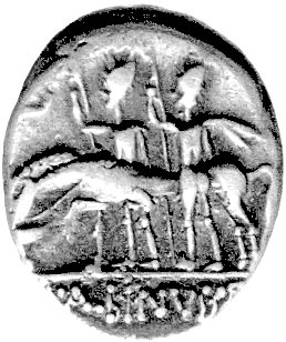 L. Postumius Albinus 131 pne, denar, Aw: Głowa Apollina w prawo, za nią gwiazda, poniżej ROMA i z pra- wej X, Rw: Dioskurowie z końmi stojący w lewo i napis w odcinku: A. ALBINVS S., Sear Postumia 5, Craw.335/10a, 3.87 g.