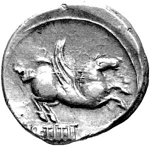 Q. Titus około 90 pne, denar, Aw: Głowa młodego Bachusa w wieńcu z bluszczu, w prawo, Rw: Pegaz ska- czący w prawo, niżej napis na tablicy Q. TITI, Sear Titia 2, Craw.34/2, 3.77 g.