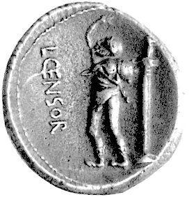 L. Censorinus 82 pne, denar, Aw: Głowa Apollina w wieńcu w prawo, Rw: Satyr Marsjasz z bukłakiem wina na plecach stojący w lewo