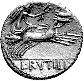 Rutilus Flaccus 77 pne, denar, Aw: Głowa Romy w skrzydlatym hełmie w prawo