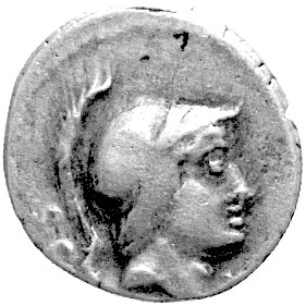 L. Rustius około 76 pne, denar, Aw: Głowa młodego Marsa w prawo, z tyłu litery S.C., Rw: Kozioł stojący w prawo i napis L. RVSTI, Sear Rustia 1, Craw.389/1, 3.85 g., rzadki
