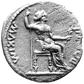 denar, Aw: Głowa cesarza w wieńcu w prawo i napis w otoku: AVG F AVGVSTVS, Rw: Liwia jako Pax siedząca w prawo i napis PONTIF MAXIM, Sear 16a, BMC 48, 3.64 g.
