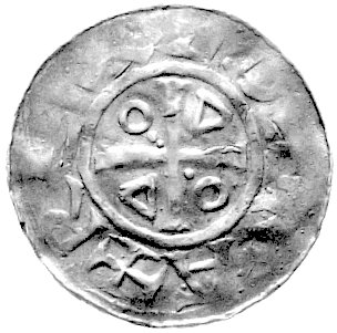 denar, Aw: Kapliczka i napis:..ATEAM, Rw: Krzyż, w polu kliny i kółka