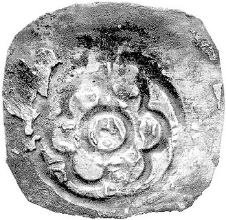 Fryderyk I 1152-1190, fenig, Aw: Fragment postaci cesarza na majestacie z globem i berłem w dłoniach, Rw: Litera S w kole, wokół 6 łuków z ośmiopromiennymi gwiazdkami, na zewnątrz ornament z łuków z kulkami w środku, Slg Gaettens 1502, zaokrąglony czworobok 22.6 x 21.9 mm, 0.92 g., ślady przyklejenia drugiej monety, rzadki