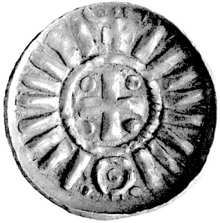 denar krzyżowy X-XI w., Aw: Krzyż równoramienny, w polu cztery kulki, w otoku kreski, krzyż i kółko z kropką, Rw: Kapliczka, CNP 315, 1.40 g.
