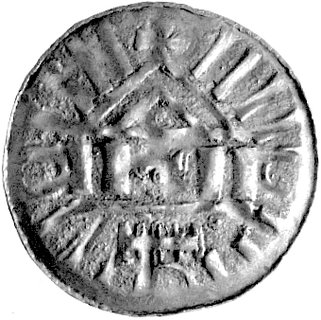 denar krzyżowy X-XI w., Aw: Krzyż równoramienny, w polu cztery kulki, w otoku kreski, krzyż i kółko z kropką, Rw: Kapliczka, CNP 315, 1.40 g.