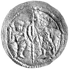 denar, Aw: Dwaj stojący rycerze, Rw: Krzyż krokwiowy, w polu kulki i napis w otoku: DVS DA BI.. Str.38, 0.34 g.