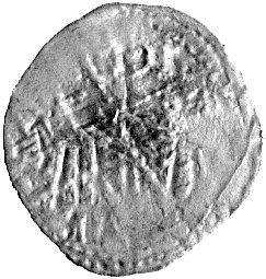denar, Wrocław 1185/1190-1201, mennica Wrocław, Aw: Krzyż dwunitkowy, Rw: Dwaj książęta z proporcem, z prawej litera, Such.3c