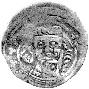 Henryk III 1273-1309, kwartnik, Głogów, Aw: Głowa na wprost, Rw: Tarcza herbowa