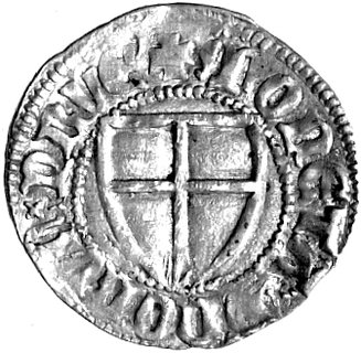 Konrad von Jungingen 1393-1407, szeląg, Aw: Tarcza Wielkiego Mistrza, Rw: Tarcza krzyżacka, Voss.161, Neumann 7.a