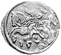 denar 1559, Wilno, Kurp. 646 R3, Gum. 592, T. 8, lekko niedobita końcówka daty.