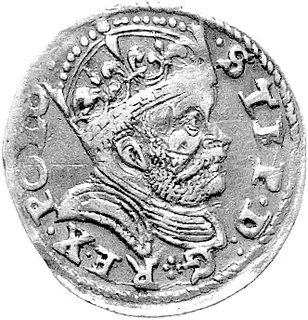 trojak 1586, Poznań, odmiana z końcówką daty po lewej stronie herbu Przegonia, pod popiersiem króla przerywnik w postaci czterech kropek, Kurp. -, Gum. 718, patyna.