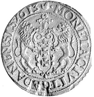ort 1613, Gdańsk, odmiana z kropką za łapą niedźwiedzia, Kurp. 2238 R2, Gum. 1382, moneta wybita na końcówce blachy lekko uszkodzonym stemplem.
