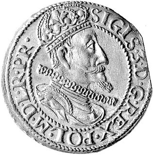 ort 1614, Gdańsk, odmiana z kropką nad łapą niedźwiedzia, Kurp. 2239 R2, Gum. 1382, moneta wybita na końcówce blachy.