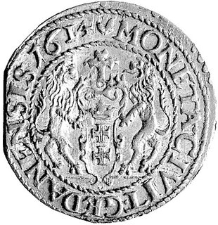 ort 1614, Gdańsk, odmiana z kropką nad łapą niedźwiedzia, Kurp. 2239 R2, Gum. 1382, moneta wybita na końcówce blachy.