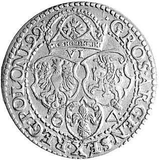 szóstak 1599, Malbork, odmiana popiersie króla z małą głową, Kurp. 1434 R2, Gum. 1153.